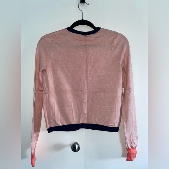Light Pink Cardigan with Salmon & Navy Accents and Bronze Button Closure - Picture 3 of 4